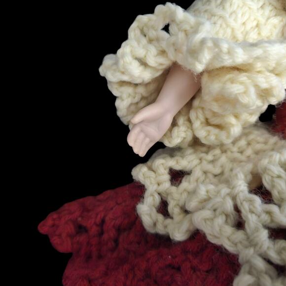 Wang’s International 1991 Porcelain Doll in Handmade Red & Cream Crochet Dress - Picture 4 of 8